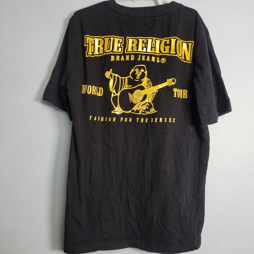 True Religion Boys T Shirt Size M 10/12 Black Gold Buddha World Tour Retro Y2K
